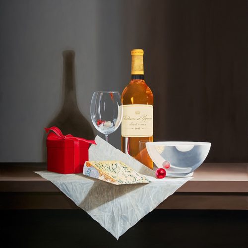 SMALL-©Chateau-dYquem-Sauternes-2007-met-Rood-Cadobox-en-een-Franse-Bleu-des-Causses-Olie-op-paneel-100x90cm.-jpg