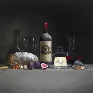 SMALL-©Chateau-lAngelus-1964-2-Wijnglazen-Roquefort-brood-vijgen-en-noten-Olie-op-paneel-90x110-cm-