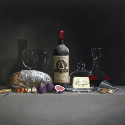 SMALL-©Chateau-lAngelus-1964-2-Wijnglazen-Roquefort-brood-vijgen-en-noten-Olie-op-paneel-90x110-cm-