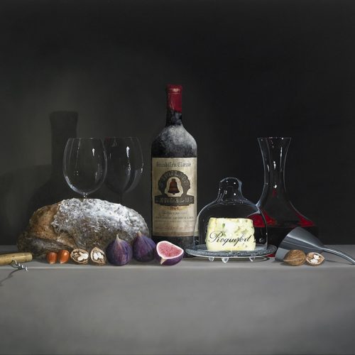 SMALL-©Chateau-lAngelus-1964-2-Wijnglazen-Roquefort-brood-vijgen-en-noten-Olie-op-paneel-90x110-cm-