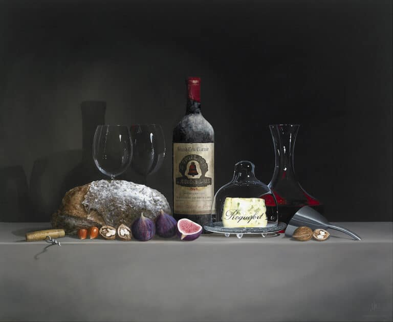 SMALL-©Chateau-lAngelus-1964-2-Wijnglazen-Roquefort-brood-vijgen-en-noten-Olie-op-paneel-90x110-cm-